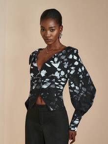 JIAN LASALA Camicetta donna casual a maniche lunghe con stampa all-over, abbottonatura frontale, vita stretta, scollo a V profondo, collezione di abbigliamento elegante e di lusso, top con grafica raffinata per l'autunno