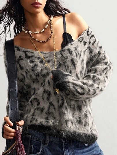 Bohemela Boho Autumn/Winter Outerwear, Women's Vintage Red Leopard Print Asymmetrical Shoulder Loose Knit Pullover V Neck Fuzzy Sweater, Western Country Style Concert Vacation, Suitable For Vacation & Daily Wear & Back To School, Christmas, New Year