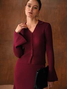 MOTF PREMIUM Elegant Knitted Flare Sleeve Top And Mermaid Hem Skirt Set, Autumn/Winter - Blue - View 5