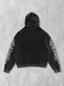 ROMWE MEN Grunge Punk Black Acid-Washed Hooded Halloween Sweatshirt For Men, No Pockets , Fall