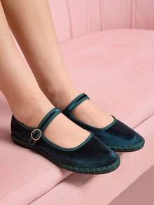 CUCCOO DOLLMOD 女士深绿色时尚优雅丝绒经典舒适玛丽珍平底鞋，春季鞋履 - 墨綠色 - 查看 8