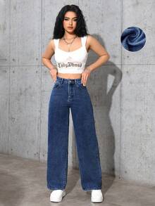 Jeanoix 女式高腰口袋阔腿宽松休闲牛仔裤 - 深色水洗藍 - 查看 4