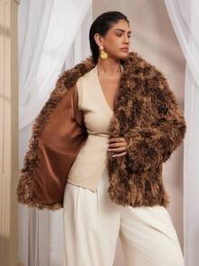 VOLUPTÉ CURVE Abrigo largo de talla grande para mujer, de estilo vintage artístico y elegante, con cuello alto de contraste de piel sintética, manga raglan de manga larga, suelto y esponjoso, versátil y a la moda, para otoño/invierno