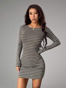 SHEIN PETITE 女式休闲条纹印花船领长袖迷你连衣裙，返校季，外出服，女士西装，女士秋季连衣裙 - 彩色 - 查看 3