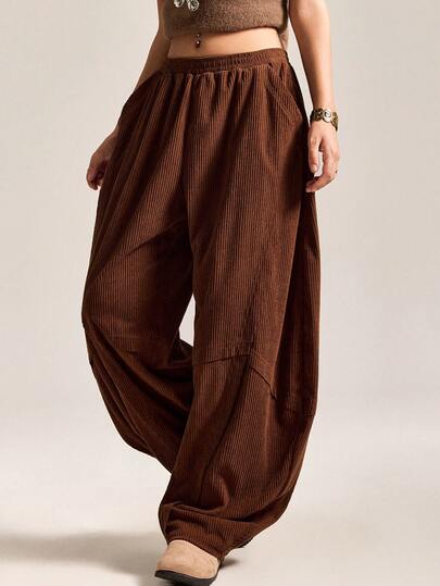 Easelle Women's Vintage Casual Brown Loose Elastic Waist Woven Pants Winter Clothes For Women Corduroy Curved Blade Cutting Design