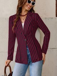 SHEIN Clasi 女款千鳥格收腰西裝外套 秋冬款 - 中紫紅色 - 查看 7