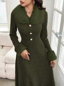 Modelyn 女士前扣长袖蓬松拼接休闲宽松连衣裙长款晚礼服 - 綠色 - 查看 1