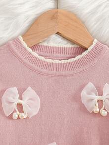 年轻女孩的毛衣套装 - 甜美厚重 3D 手工蝴蝶结和珍珠缀饰粉色针织套装，宽松百搭时尚长袖套头衫 + 裤子两件套，适合秋冬季日常穿着、外出和旅行 - 粉色 - 查看 5