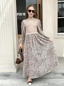 Serisse Kids 青少年女孩休闲优雅针织罗纹花卉拼布灯笼袖连衣裙，适合日常外出、旅行和度假 - 卡其色 - 查看 11