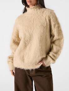 LYSMO 2025 Nova Chegada Minimalismo Inverno Mulheres Cor Sólida Gola Alta Manga Longa Casual Solto Moda Tricô Suéter Top de Pele Gola Alta Suéter de Gola Alta Inverno para Mulheres Olhar de Ano Novo e Natal - Cinza - Visão 1
