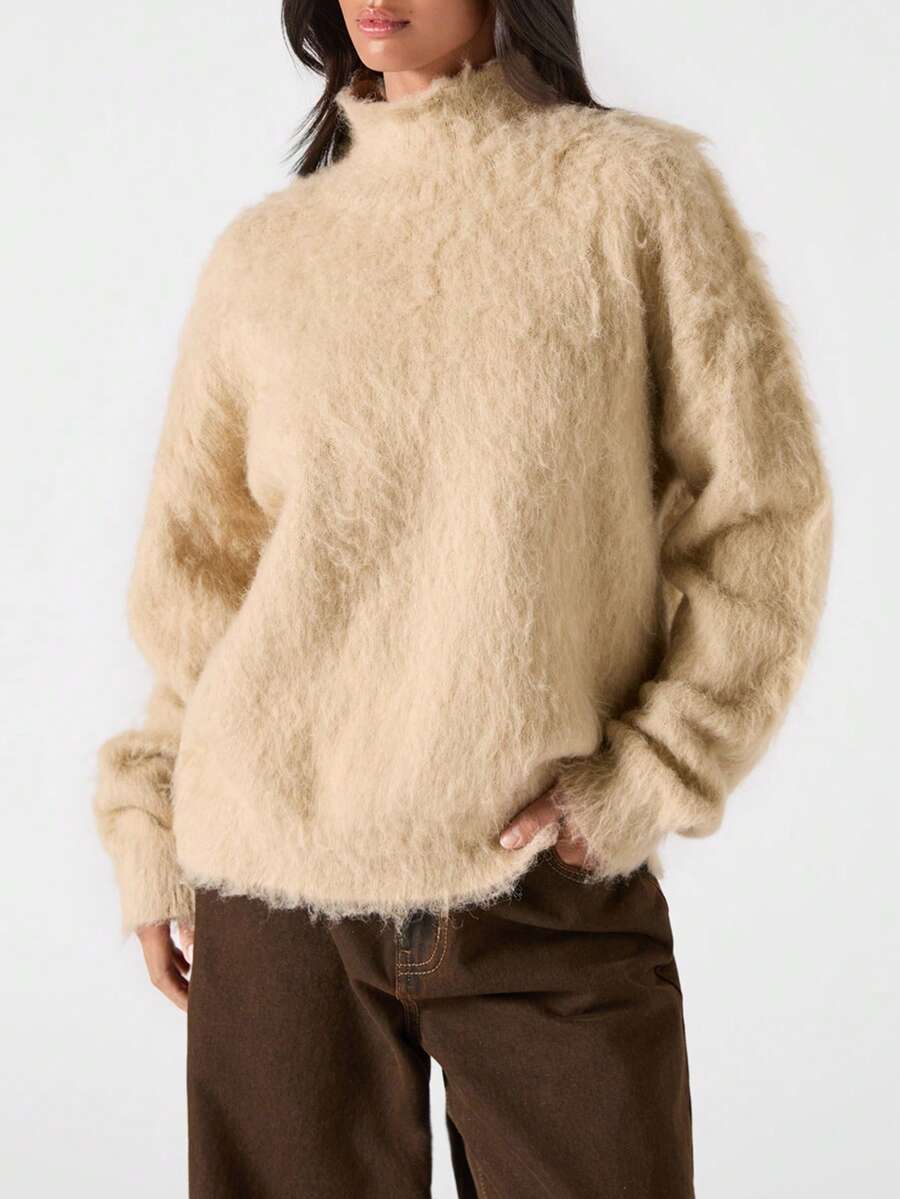 LYSMO 2025 Nova Chegada Minimalismo Inverno Mulheres Cor Sólida Gola Alta Manga Longa Casual Solto Moda Tricô Suéter Top de Pele Gola Alta Suéter de Gola Alta Inverno para Mulheres Olhar de Ano Novo e Natal - Cinza - Visão 1