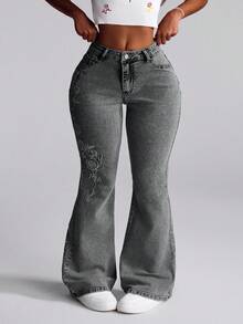 Slaydiva Plus Size Women's Fashion Embroidered Flare Jeans - Grey - View 5