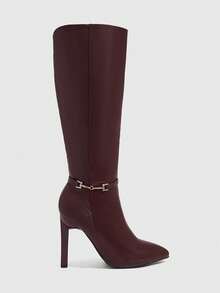 CUCCOO SZL 女士尖头细高跟金属扣勃艮第酒红色秋冬侧拉链及膝靴，简约设计，适合通勤、购物、派对 - 酒紅色 - 查看 1