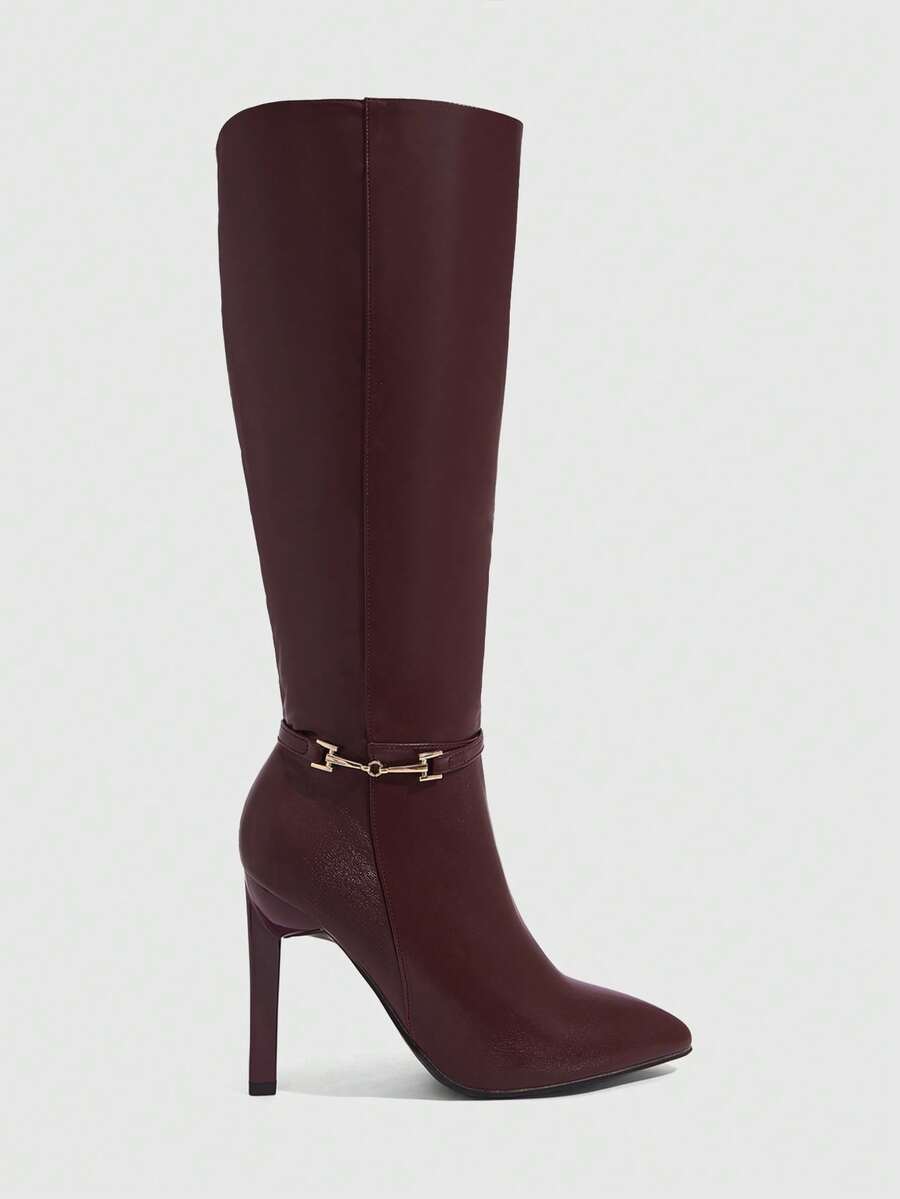 CUCCOO SZL 女士尖头细高跟金属扣勃艮第酒红色秋冬侧拉链及膝靴，简约设计，适合通勤、购物、派对 - 酒紅色 - 查看 1