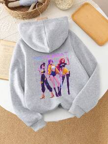 SHEIN Tween Girls Casual K-POP Girl Group Cartoon Girl Print Sweatshirt, Fashionable Street Style Graphic Pullover Suitable For Autumn/Winter Outfits - Grey - View 3