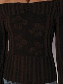 TRNVIE 女士花卉印花露肩长袖时尚毛衣 - 棕色 - 查看 7