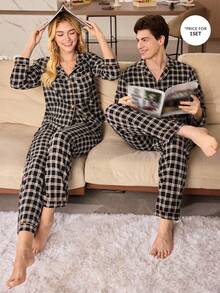 CoupledUp 格子印花泡泡褶男士长袖衬衫和裤子睡衣套装 情侣睡衣套装 男士睡衣套装 秋冬情侣睡衣套装 方格纹睡衣套装，圣诞节 - 黑色 - 查看 7