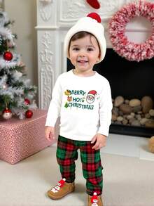 2 件套男婴圣诞字母印花针织圆领长袖运动衫上衣和格子圣诞树全身印花松紧腰裤，婴幼儿服装套装，圣诞快乐，适合节日、派对、日常休闲、聚会、春秋冬，6 个月至 3 岁 - 綠色 - 查看 1
