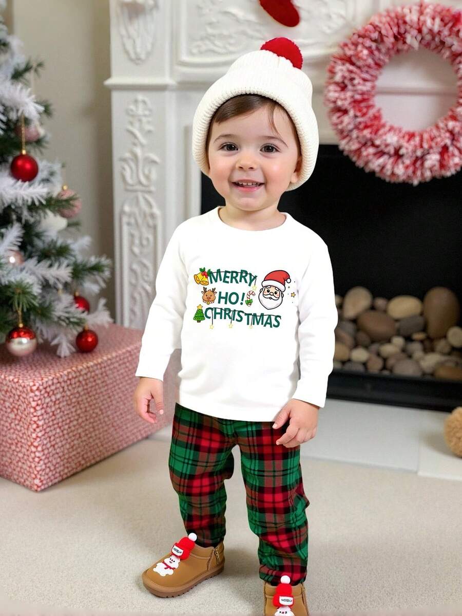 2 件套男婴圣诞字母印花针织圆领长袖运动衫上衣和格子圣诞树全身印花松紧腰裤，婴幼儿服装套装，圣诞快乐，适合节日、派对、日常休闲、聚会、春秋冬，6 个月至 3 岁 - 綠色 - 查看 1