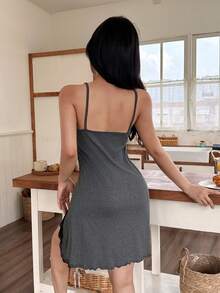SHEIN Women's Spaghetti Strap Sleeveless Contrast Lace Slit Camisole Nightgown