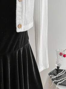 Elamini Bộ đồ hai mảnh váy ngắn chữ A hở lưng phối ren nơ nhung đen kèm áo khoác cardigan dệt kim ngắn hai mảnh, thời trang thu đông cho nữ, phong cách tối giản, đa năng, thanh lịch, cổ điển, trang phục thường ngày cho tiệc tùng - màu đen - Xem 8