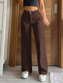 EURMUSE Petite Quần jean ống rộng cạp cao đơn giản Petite - màu nâu - Xem 5