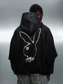 PLAYBOY X SUMWON Oversized Pullover Hoodie With Drawstring Hood And Centre Pocket Casual Streetwear Sweatshirt - Black - View 6