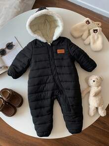 Newborn Baby Boy Unisex Thermal-Lined Hooded Jumpsuit, Thick Winter Snowsuit