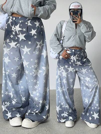 POPSWAY Plus Size Star Pattern Elastic Waist Pants