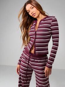MISSGUIDED Striped Button-Up Lounge Cardigan Long Sleeve Relaxed Fit Cozy Loungewear Top