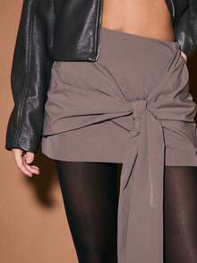 KIZN Tie Front Mini Skirt High Waisted Wrap Style Micro Length Club Party - Khaki - View 4