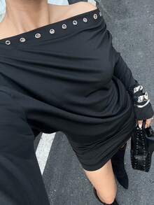 Siren Gaze Vestido mini con manga larga, hombro asimétrico y fruncido para mujer