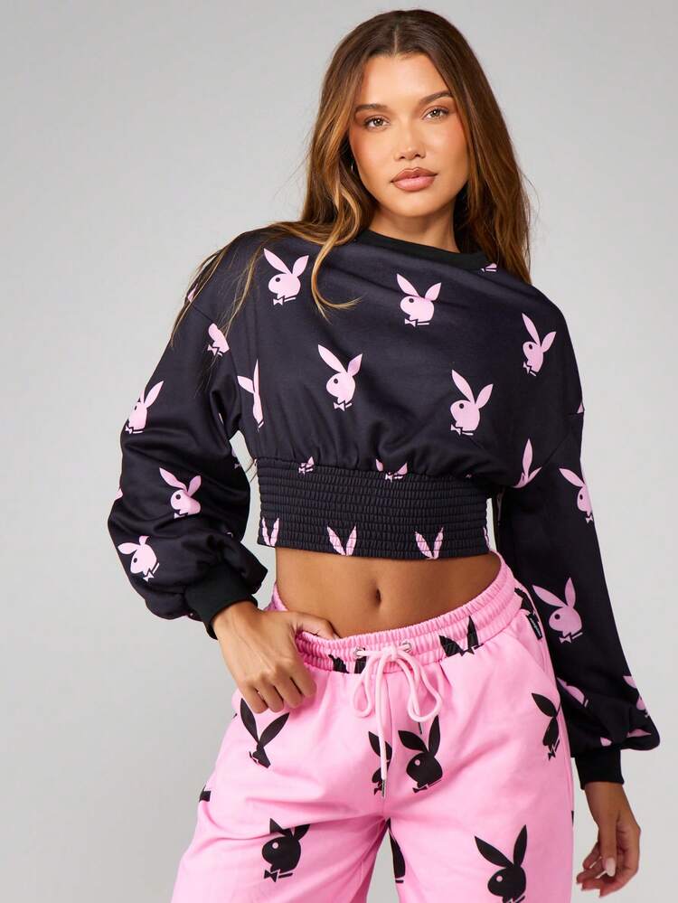 Missguided x Playboy Oversized Pullover Sweatshirt mit Hasen-Muster, Rundhalsausschnitt, Langarm und elastischem Bund für lässige Freizeitkleidung