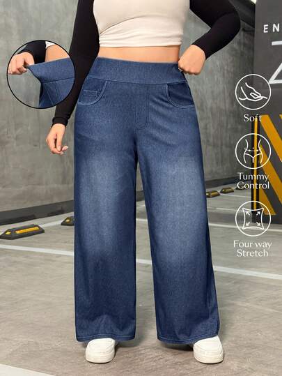 Flexra Plus Size High Stretch Knit Wide Leg Boyfriend Jeans