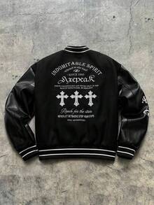 AXEPEAK 男士秋季字母与十字图案长袖单排扣休闲棒球夹克，适合秋冬 - 黑色 - 查看 2