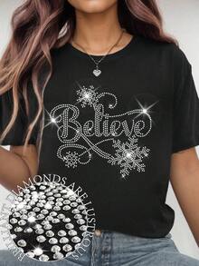 EMERY ROSE Áo thun Believe Rhinestone Bling cỡ lớn dành cho nữ, Áo thun Believe Christmas, Áo thun Snowflake Winter Bling, Áo thun Giáng sinh cổ tròn tay ngắn dành cho nữ, Áo thun lấp lánh ngày lễ - màu đen - Xem 3