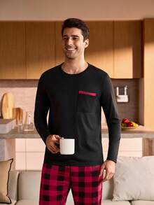 Manfinity Underwear&Sleepwear Basics 男士格子印花拼接口袋长袖上衣和宽松长裤睡衣套装，秋冬服装，圣诞节 - 黑色 - 查看 5