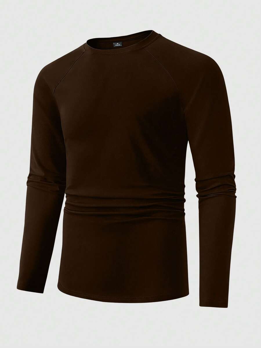 Manfinity Homme Men's Solid Color Crew Neck Casual Versatile Long Sleeve T-Shirt Men Tops Long Sleeve Dark Brown Shirt Brown Tops For Men - Coffee Brown - View 1