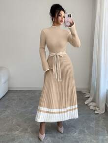 Elenzga 女式优雅高领褶边拼色毛衣裙 - 杏色 - 查看 5