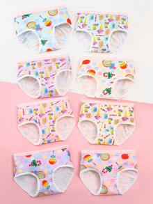 8pcs/Pack Girls' Full Print Contrast Binding Comfortable Briefs - Multicolor - View 2