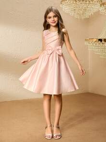 Tween Girl' Round Neck Sleeveless Dress With Multi-Layer Beaded Waist Bow Decor, Elegant & For Halloween, Christmas, Party