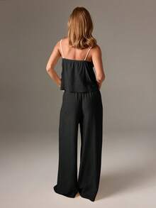 AiiRZ Drawstring Ruffle Cami Pajama Set With Wide Leg Trousers Loungewear Sleepwear For Summer - Black - View 2