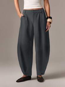 AiiRZ 筒形高腰锥形褶皱西装裤，宽松版型，适合办公室商务职业装 - 灰色 - 查看 1