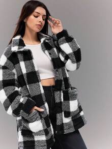 Sparklyn 少女休闲秋冬经典黑白格子毛绒宽松衬衫风格学院风夹克 - 黑與白 - 查看 1