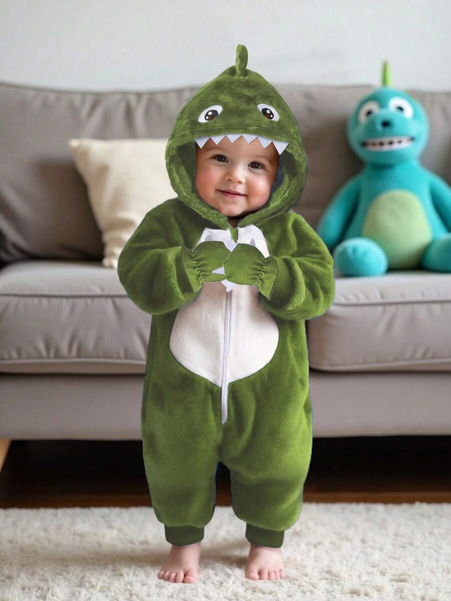 SHEIN Playful Pals 2pcs Baby Boys' Sage Green Winter Flannel Monster Claw Hooded Jumpsuit With Gloves Pajama Set,Funny Graphic Family Matching Dinosaur Horror Outfits - Green - View 1
