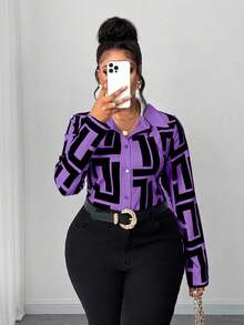 Maweii Plus Size Women Geometric Print Casual Shirt - Purple - View 6