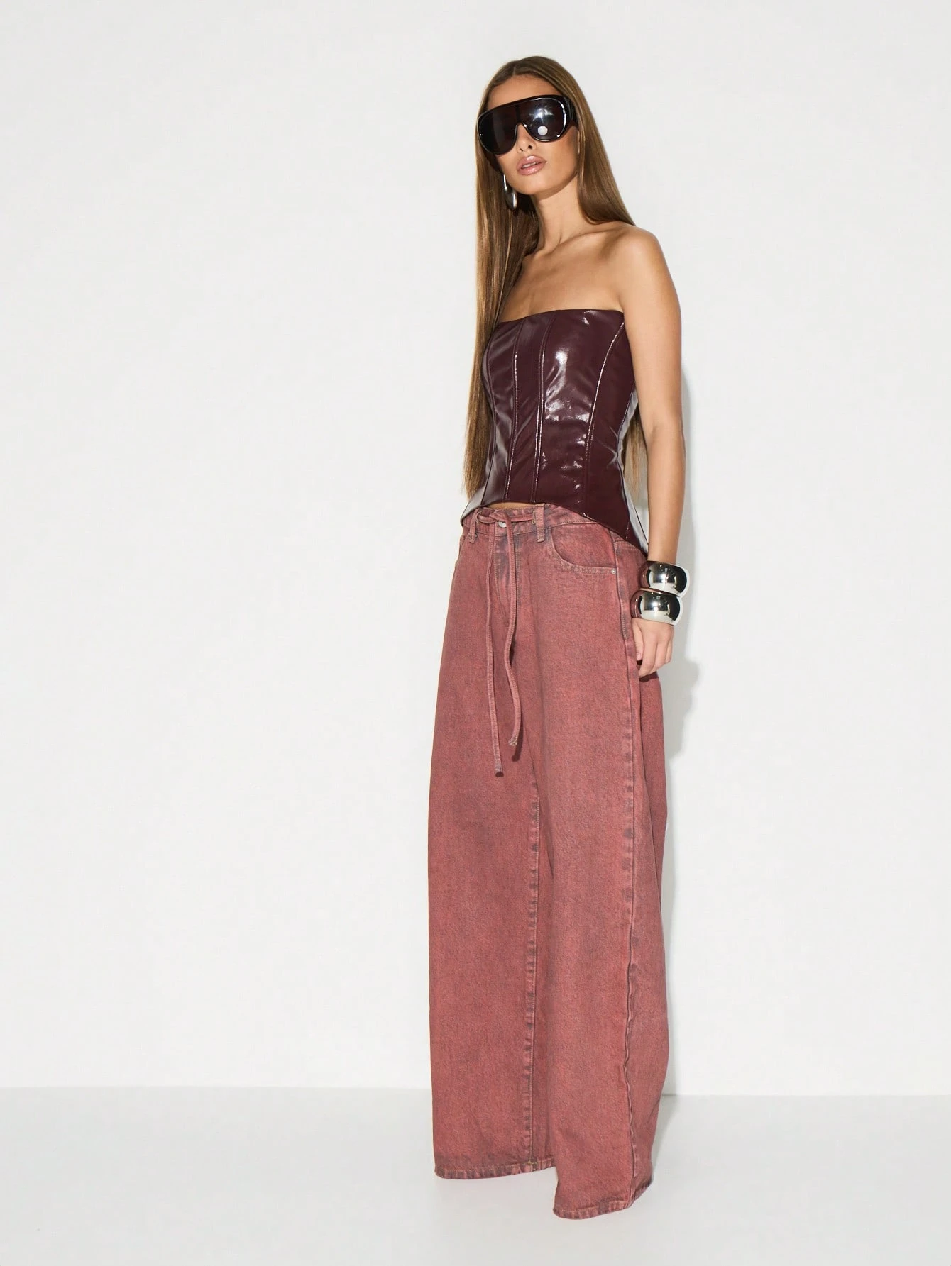 KIZN High Rise Wide Leg Jeans With Drawstring