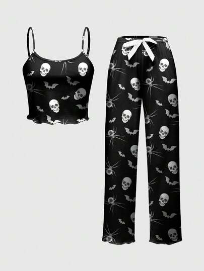 Goth Skeleton, Bat, Spider All-Over Print Gothic Style Camisole & Pants Pajama Set, Casual Loungewear