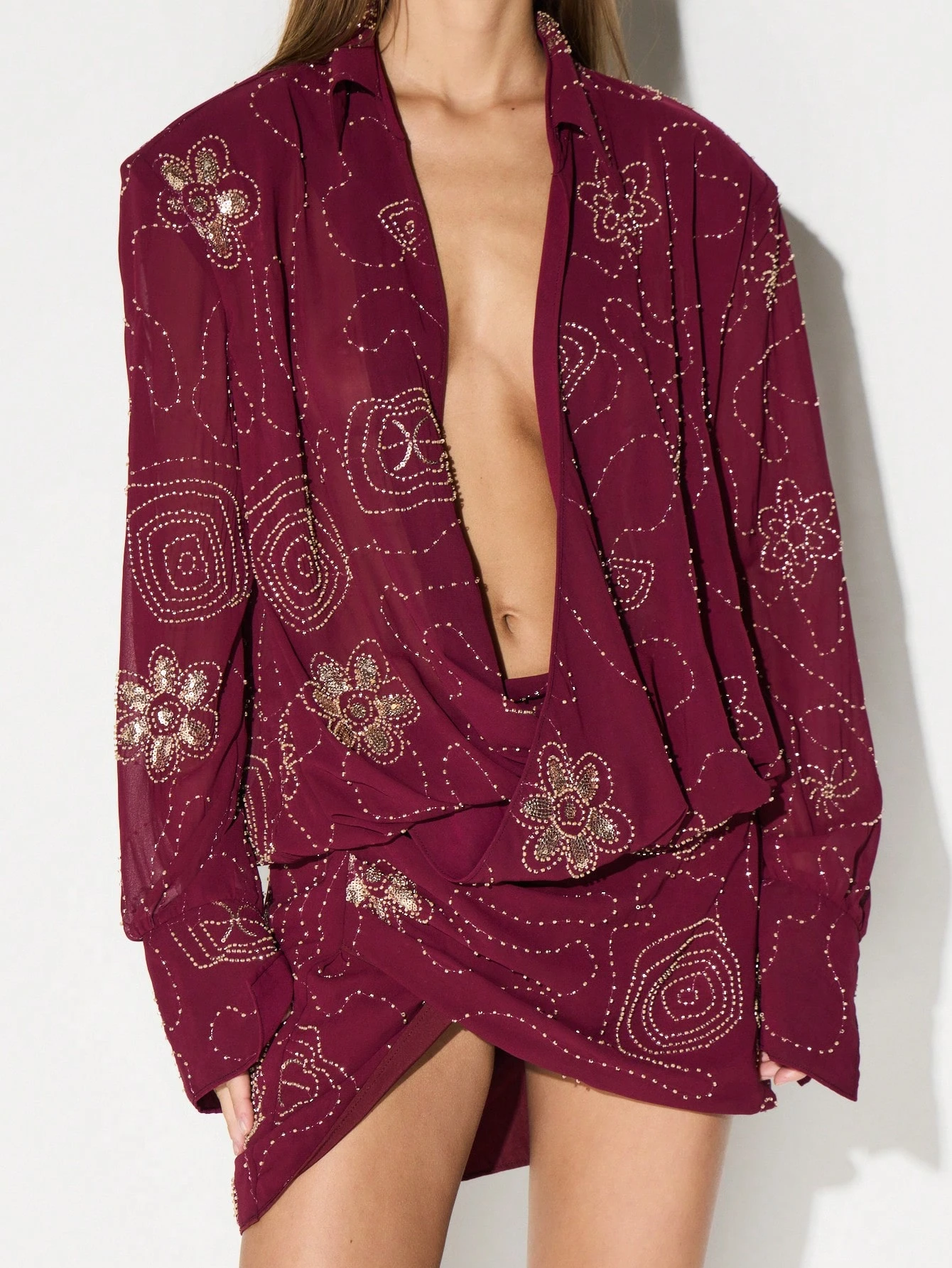 KIZN Embellished Long Sleeve Mini Dress With Beaded Pattern