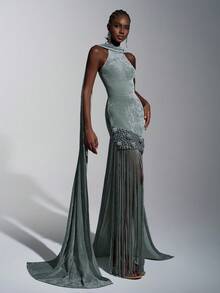 Elitara 优雅、浪漫、性感、简约、灰绿色、天鹅绒面料、流苏装饰、手工串珠、亮片拖尾、时尚、节日、度假、生日派对、婚礼活动、正式晚礼服 - 綠色 - 查看 4